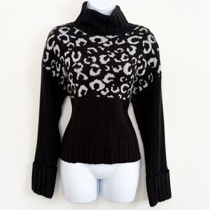 NINE WEST Cheetah Print Cowl Neck Pullover Sweater Black and White Medium
